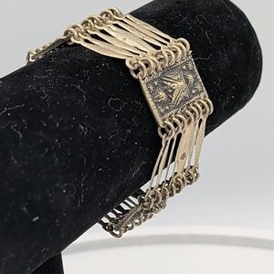 Vintage Hecho En Mexico Silver Toned Repousse Starburst Panel Bracele